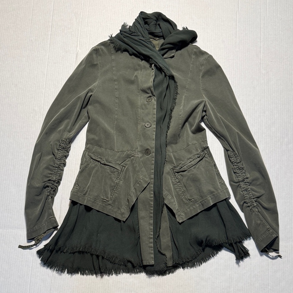 PAL OFFNER Olive Green Lagenlook Layered Jacket RARE Attached Scarf‎ Cotton SZ 2